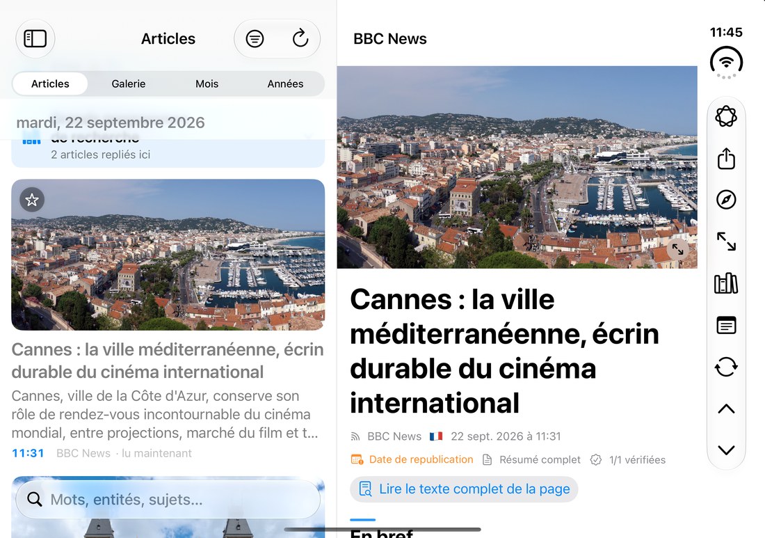 iPhone Duo déplié : la liste des articles à gauche, l'article ouvert à droite.