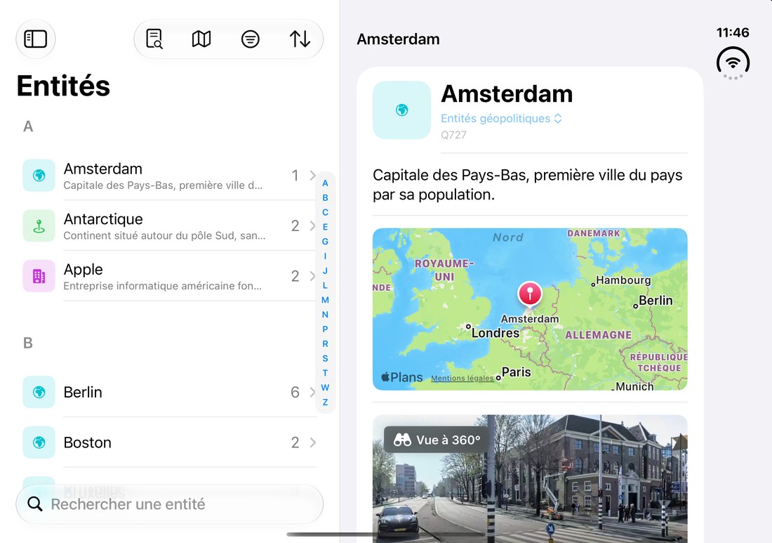 L'index des entités à gauche, la fiche d'Amsterdam à droite avec sa carte.