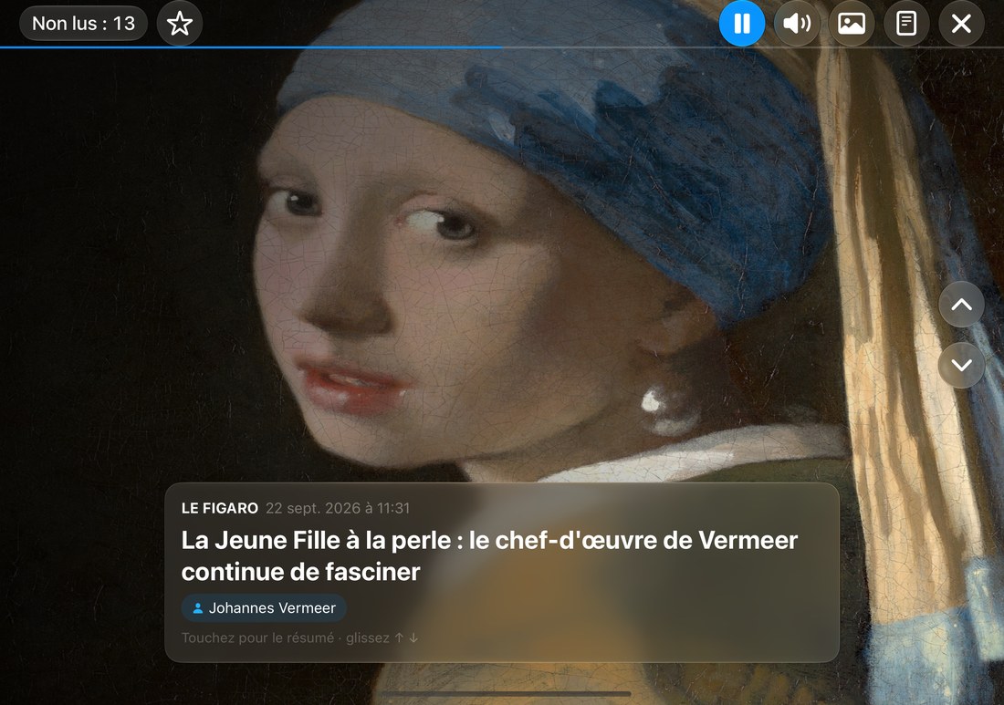 La lecture immersive : une œuvre de Vermeer en plein écran, avec le titre de l'article en bas.