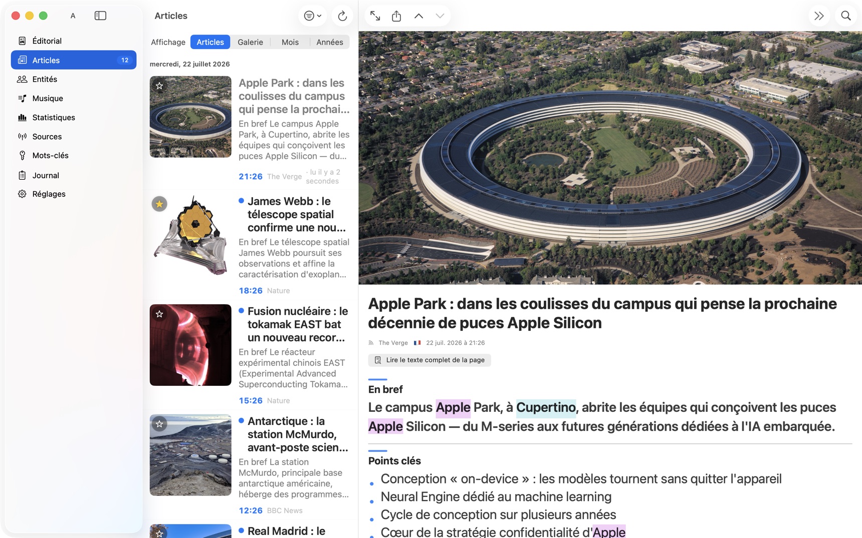 Mac : la vue 3 colonnes — sources, liste résumée et lecture de l'article