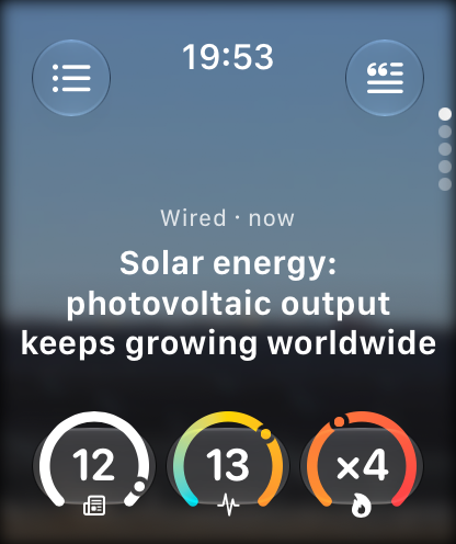 fornews.ai home screen on Apple Watch: latest article photo, headline, list and editorial buttons, three gauges