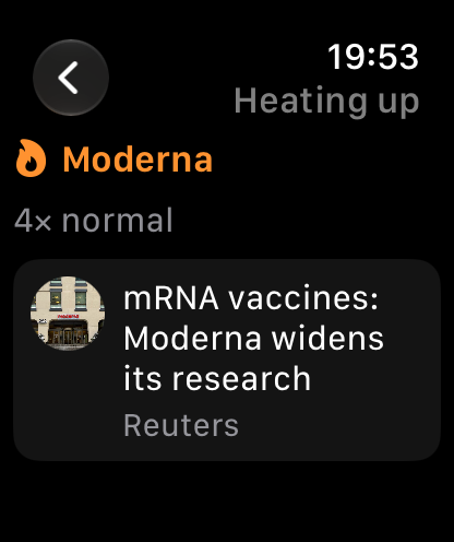 “Heating up” page: the topic taking off and its articles