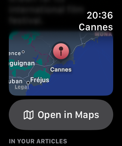 A place shown on a map on Apple Watch, with an “Open in Maps” button