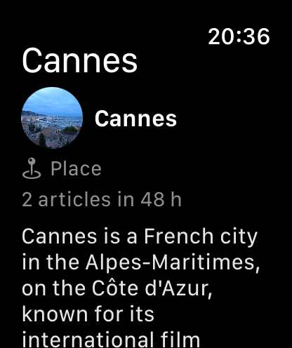 Entity page on Apple Watch: photo, type, description and recent articles