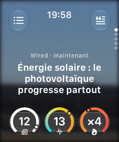 Écran d'accueil de fornews.ai sur Apple Watch : photo du dernier article, titre, boutons liste et éditorial, trois jauges