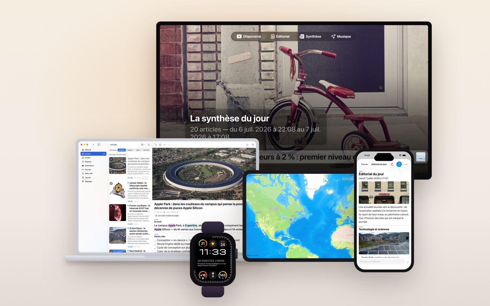 fornews.ai sur tous vos appareils : iPhone, iPad, Mac, Apple Watch et Apple TV, chacun affichant l'app — articles résumés, carte des entités, éditorial du jour, diaporama et complications