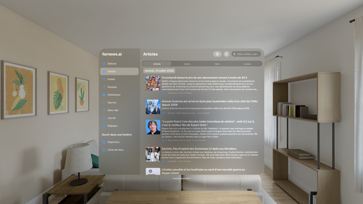 Liste d'articles — capture du simulateur visionOS
