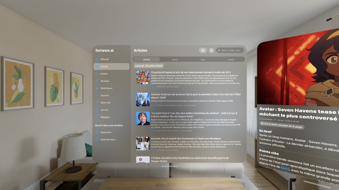 Un article détaché — capture du simulateur visionOS