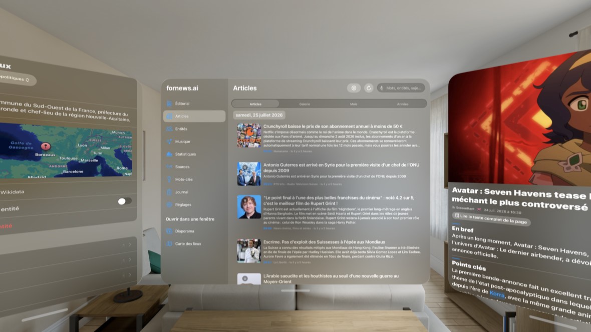 Article et fiche d'entité — capture du simulateur visionOS