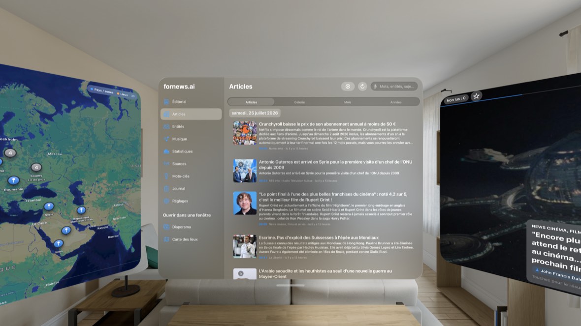 Carte, liste et diaporama — capture du simulateur visionOS